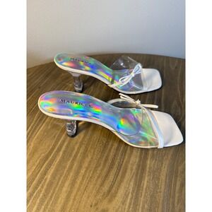 Maurices Kitten Heel Sandals Womens 7 White‎ Holographic New Y2K Clear Bow